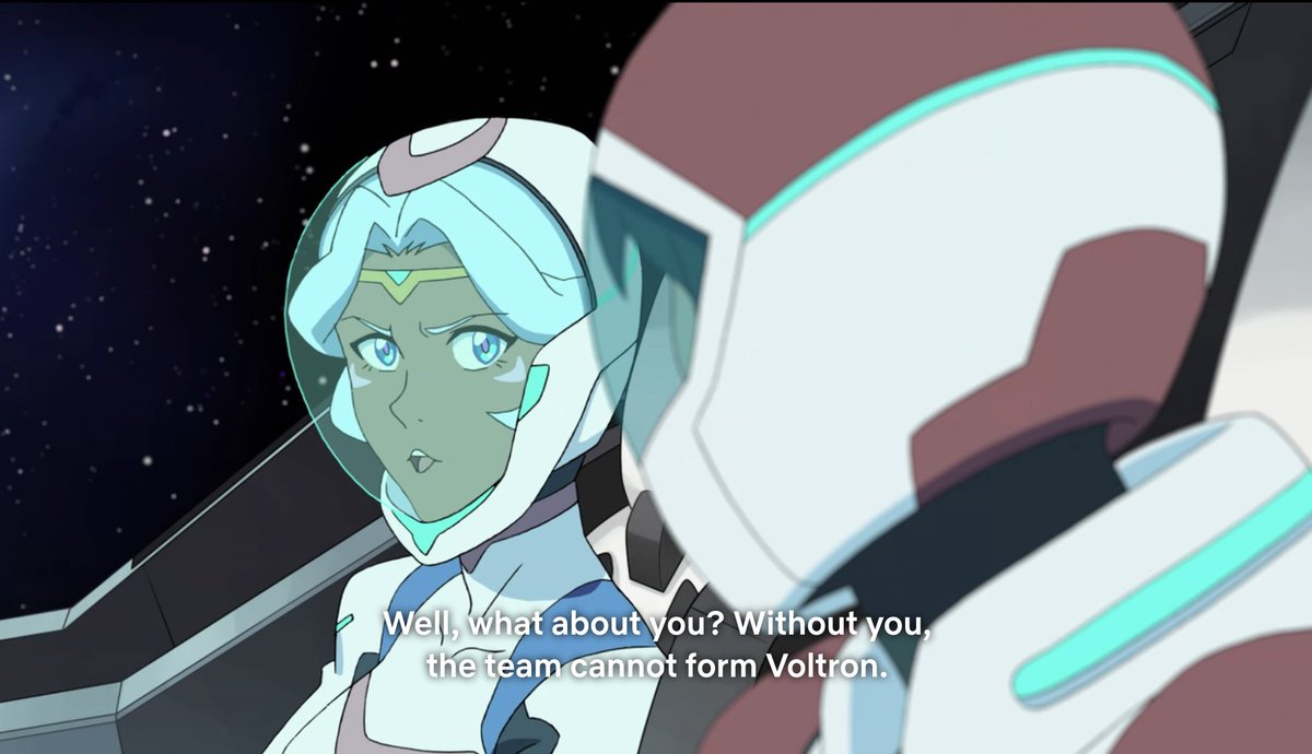 At one point, she actually LEAVES her own ship to be a supporting character in Keith's arc about being part-Galra. They make her his heel. Funny enough even Keith is like, “Uh, aren’t you important to captain the ship?” Obviously not as important as you, Keith!