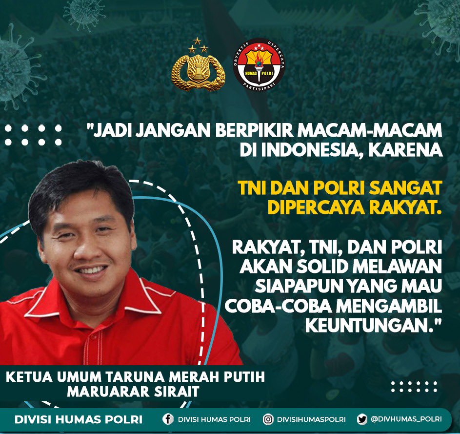 HumasPadang's tweet photo. "Jadi jangan berpikir macam-macam di Indonesia karena TNI dan Polri sangat dipercaya rakyat. Rakyat, TNI dan Polri akan solid melawan siapapun yang mau coba-coba mengambil keuntungan," Ketua Umum Taruna Merah Putih, Maruarar Sirait. #TNIPolriSolidUntukNegeri https://t.co/AD9i9UHTb4