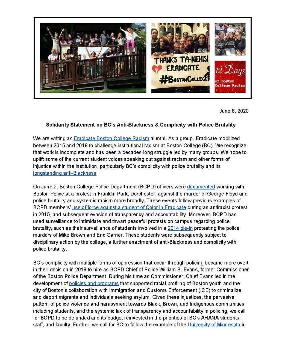 BCRacism's tweet photo. Alumni of Eradicate #BostonCollegeRacism came together to write a Solidarity Statement on @BostonCollege’s Anti-Blackness &amp; Complicity with Police Brutality. See the full statement here: https://t.co/M5Jdx7QLf3 https://t.co/DAqSMWLBnc
