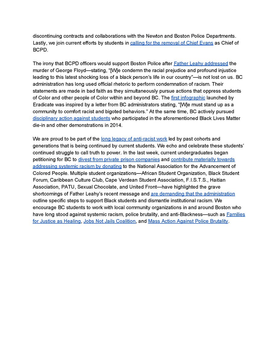 BCRacism's tweet photo. Alumni of Eradicate #BostonCollegeRacism came together to write a Solidarity Statement on @BostonCollege’s Anti-Blackness &amp; Complicity with Police Brutality. See the full statement here: https://t.co/M5Jdx7QLf3 https://t.co/DAqSMWLBnc