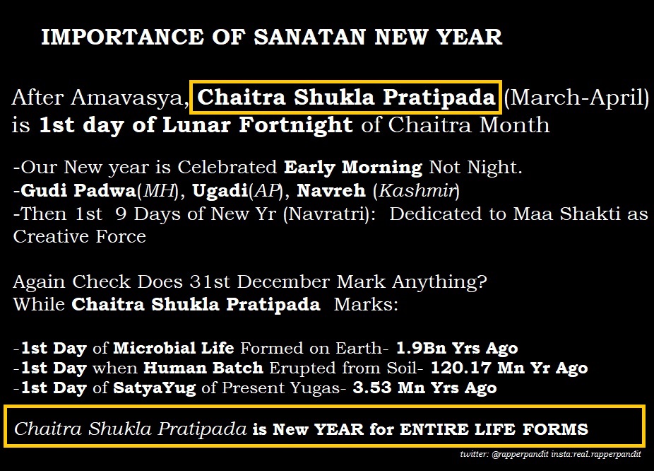 19/n 1st Day of Microbial Life on Earth- 1.9Bn Yrs Ago1st Day when Human Batch Erupted from Soil- 120.17Mn Yr Ago1st Day of SatyaYug of Present Yugas- 3.53Mn Yrs AgoAll the Above on ChaitraShuklaPratipada: Sanatan New Yr is for HumanityBut What Happened on 31st Dec- NOTHING!