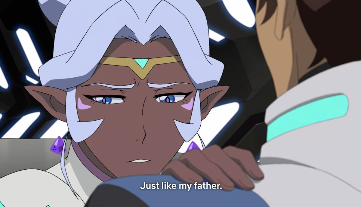 Then begins her slow descent into being pulled into Lance's arc of self-worth by inventing this "Right Hand of Voltron" thing that never existed before this moment. Somehow Lance being like her father is important. Even though he later becomes her romantic interest. It's a mess.
