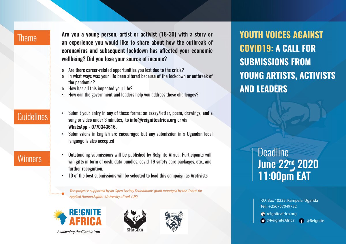 ReigniteAfrica's tweet photo. Are you a young #leader, #artist, or #activist (18-30) with an experience to share about how the outbreak of #covid19Ug has affected your life and economic wellbeing? Express yourself and engage with the #youthvoicesug campaign through an assay/letter, poem, and audiovisual art. https://t.co/HxkI24YuRy