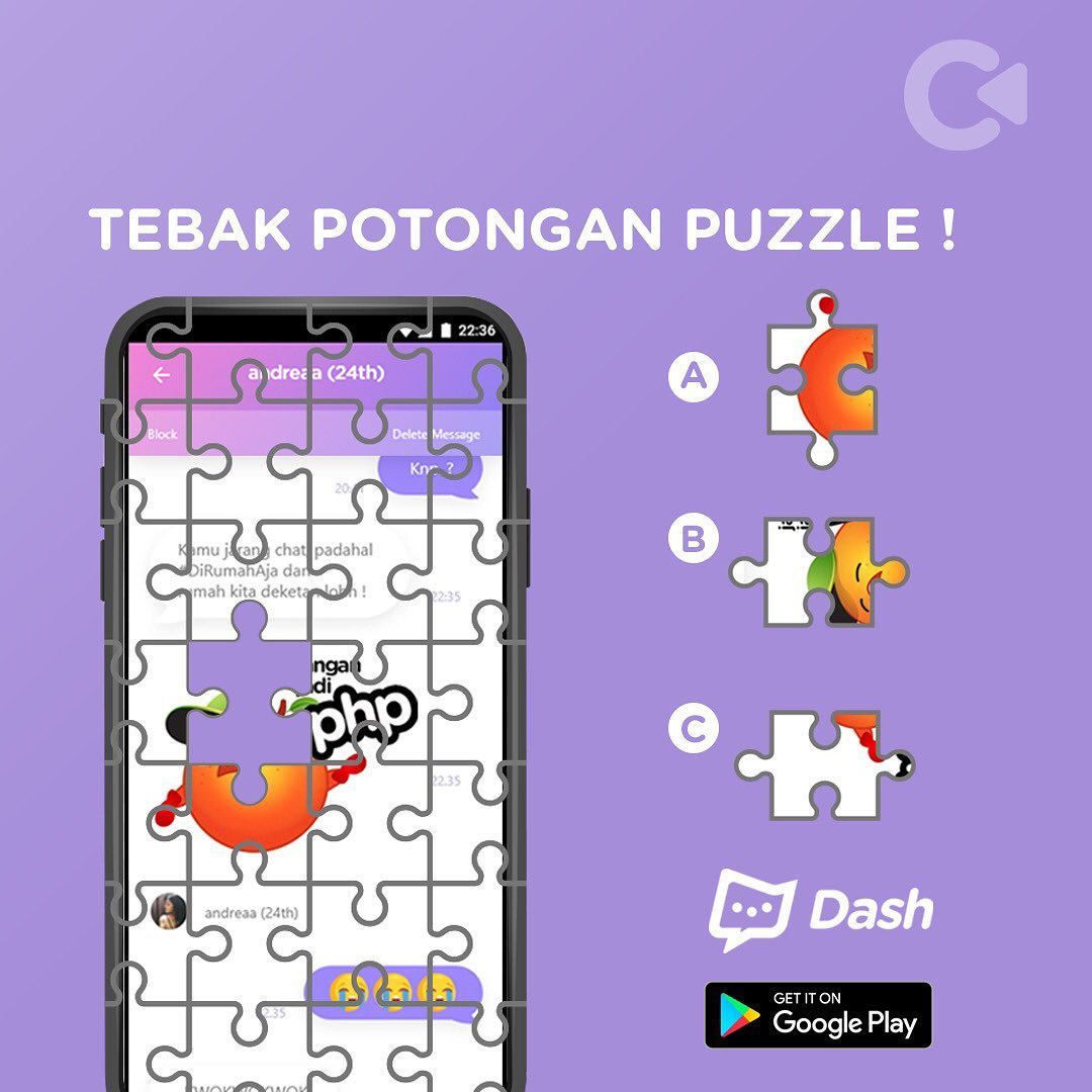 cashpict_ofc's tweet photo. Cari potongan puzzle yang pas dulu yuk, siapa tahu habis itu ketemu jodoh yang pas 😅
A, B, atau C nih??
.
#DiRumahAja #DashdiCashtree #DashStandAlone #DashStandAloneApp #Dash #DashChat #AnonymousChat #cashpictofficial #unlimitedfun #tebakpuzzle https://t.co/po3TxSJvOM