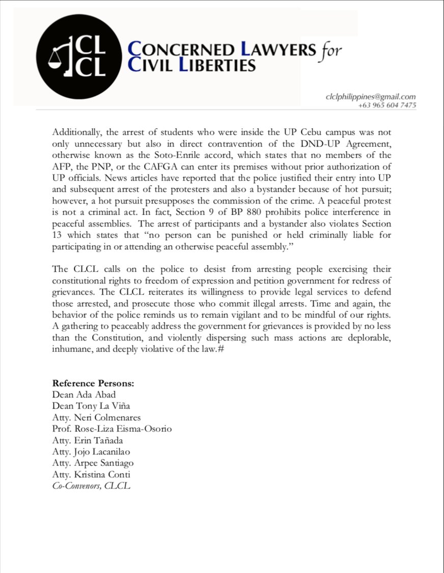 mikenavallo's tweet image. Concerned Lawyers for Civil Liberties condemns spate of arrests during quarantine period. Says no law prohibits protests--neither Bayanihan Act nor RA 11332 contains provisions va "mass gathering;" IATF rules do not prohibit rallies. Urges police not to make arrests.