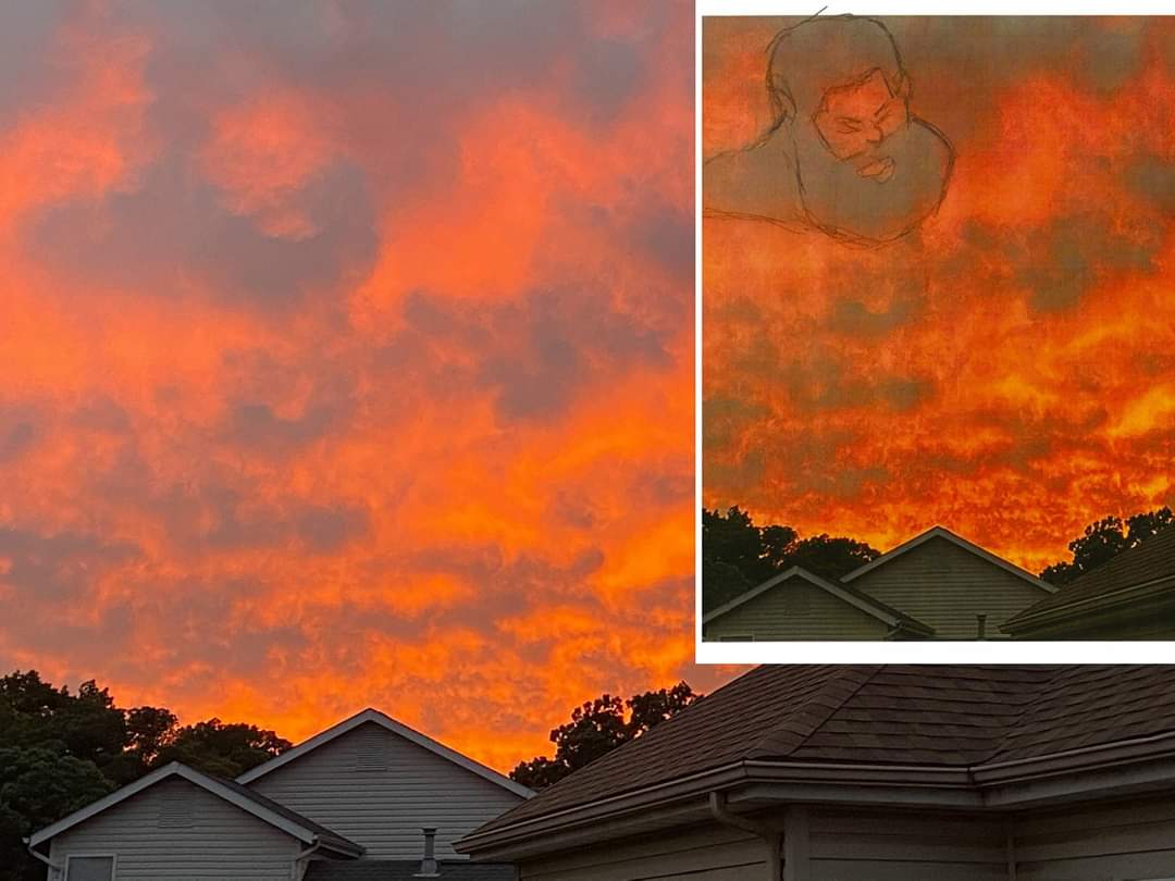 camie2009's tweet photo. So a friend took this picture of the sky tonight (June 8, 2020) She said, "The sky looks like its on Fire! Do you see the face?" I looked and I asked her, "Top Left Corner?" She says, "YES!" with the beard. I printed, grabbed my pencil, I outlined what I saw. #strangthings https://t.co/4GOcZD4vk7