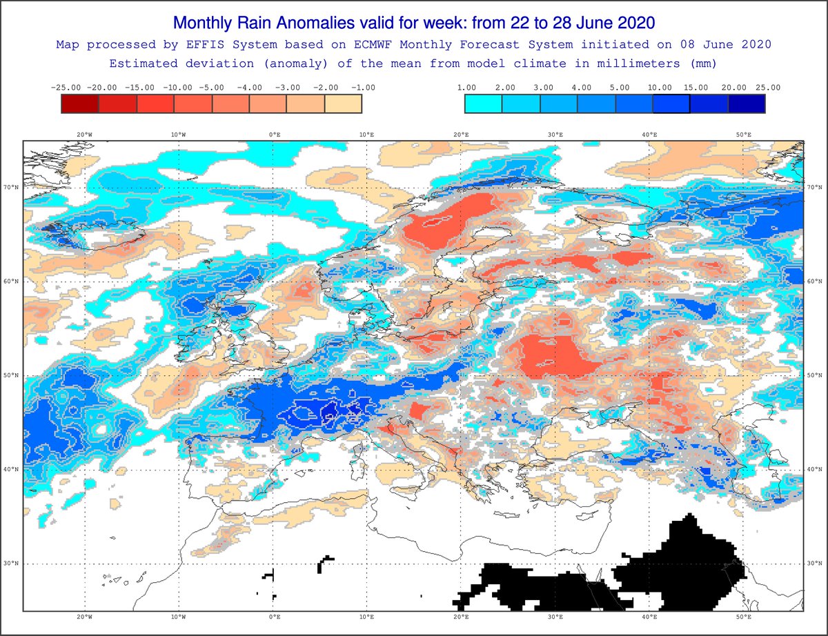 EdAldus's tweet photo. Kijkend naar de komende vier weken vanaf maandag tot in de eerste week van juli dan wordt er meer neerslag dan normaal verwacht door het Europees model (ECMWF). Dat is goed nieuws voor de natuur 🌱🌳☘ Nu moet het natuurlijk nog wel uitkomen 🤪 https://t.co/dlLjxAIAXt