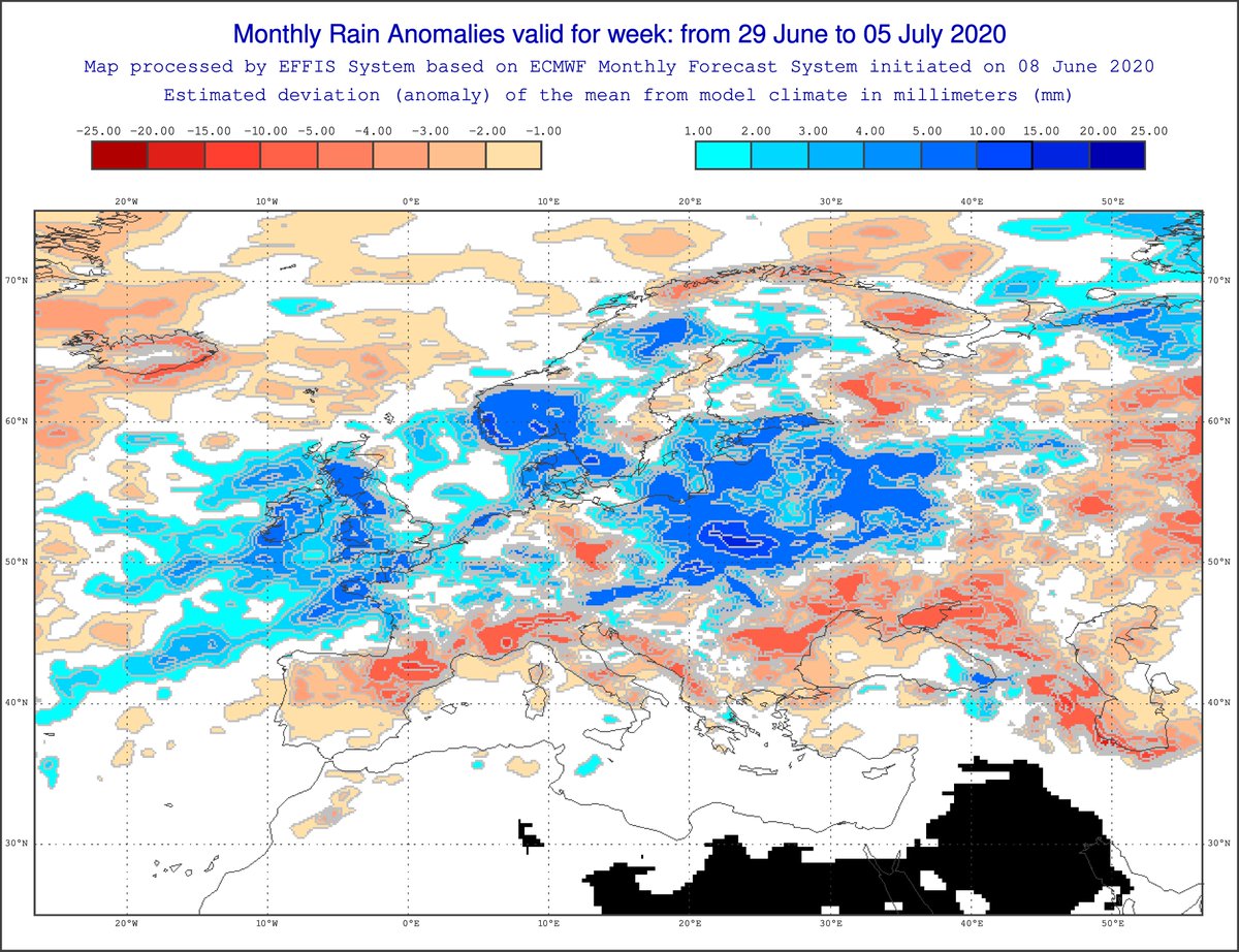 EdAldus's tweet photo. Kijkend naar de komende vier weken vanaf maandag tot in de eerste week van juli dan wordt er meer neerslag dan normaal verwacht door het Europees model (ECMWF). Dat is goed nieuws voor de natuur 🌱🌳☘ Nu moet het natuurlijk nog wel uitkomen 🤪 https://t.co/dlLjxAIAXt