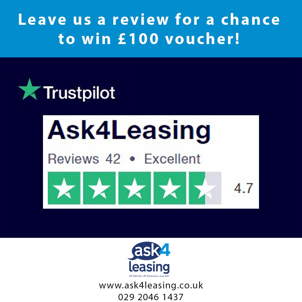 Ask4Leasing's tweet photo. As an incentive for you to take time to review us we will enter you in a draw to possibly win a £100 Gift Voucher.
#Ask4leasing #car #cars #newcar #lease #deal #hotoffer #leased #leasing #Practical #Contract #JustAsk #GreatValue #TrustPilot #Review #Win #Voucher https://t.co/nLG3v1Loed