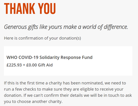 SecureSafeLtd's tweet image. As promised, we have made our donation to the WHO's fight against #Covid19. Thank you to all our customers who've made purchases in the month of may, to make this donation possible.