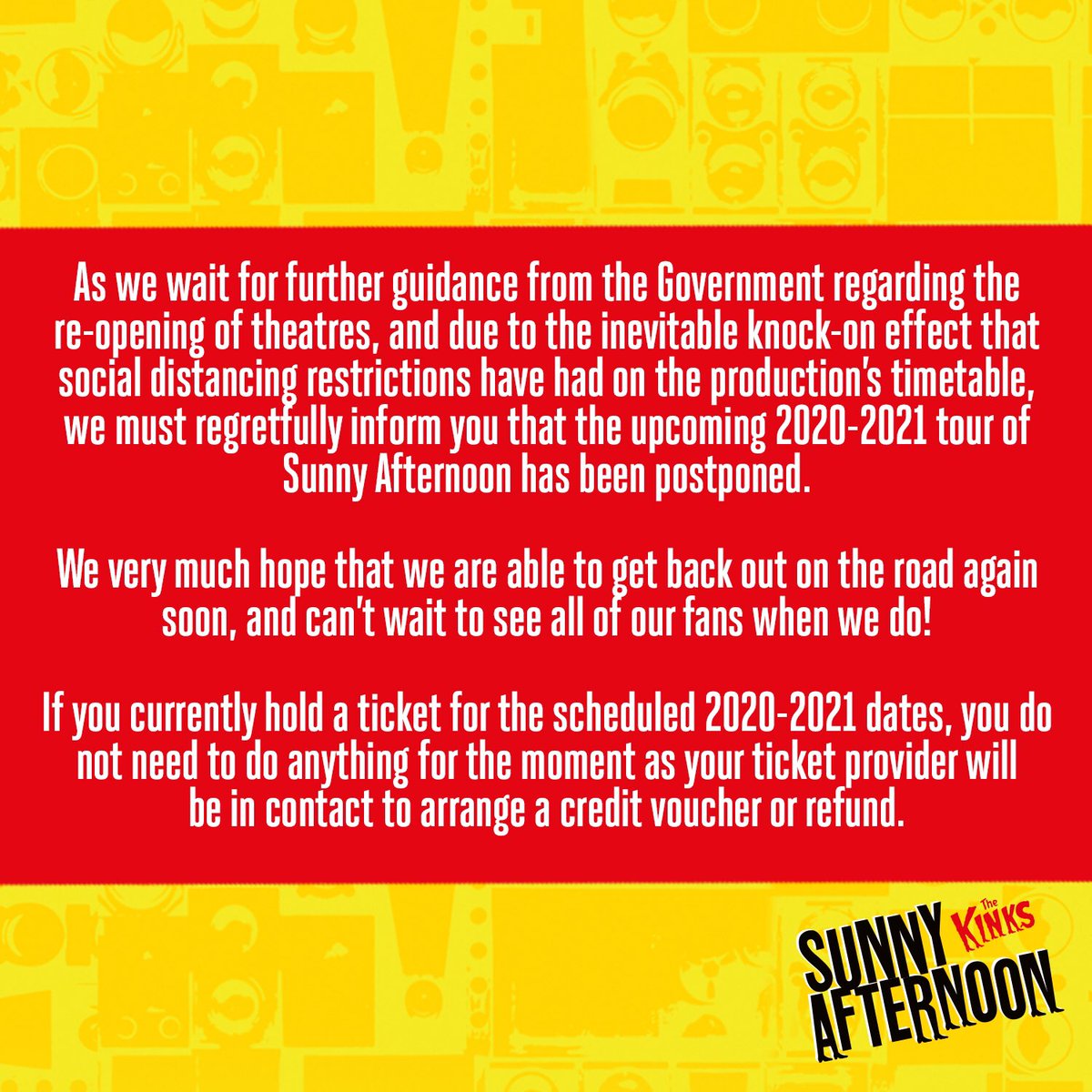 Please read image below ⬇️

🚨 If you currently hold a ticket for 2020-2021 dates you do not need to do anything as your ticket provider will be in contact to arrange a credit voucher/refund

We hope that we are able to get back out on the road again soon but for now stay safe ❤️
