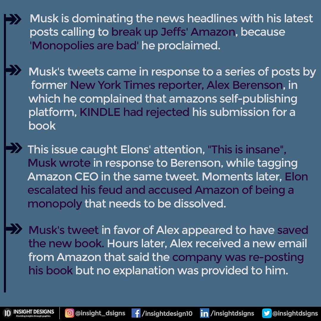 _insightsdesign's tweet photo. Elon Musk calls for a breakup of Amazon
.

https://t.co/ujIDiYjK6j

Please give it a read. 🌸
.
#amazon #spacex #tesla #kindle #elonmask #jessbezoz #book #twitter #blueorigin #economicpackage #rbi #recovery #economy #indiacorona #governor #vshaperecovery #corona #pandemic #covid https://t.co/h3FXgV2Tev