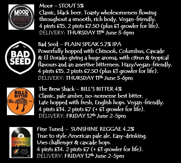 Freshly tapped cask ales for delivery to your doorstep....<a href="/badseedbrewery/">Bad Seed Brewery</a> IPA for hop lovers, <a href="/drinkmoorbeer/">Moor Beer Co.</a> toasty stout, <a href="/The_Brew_Shack/">The Brew Shack</a> classic best bitter and <a href="/FineTunedBrew/">Fine Tuned Brewery</a> easy-drinking APA <a href="/westdorsetcamra/">West Dorset CAMRA</a> <a href="/DorchesterBID/">Dorchester BID</a>