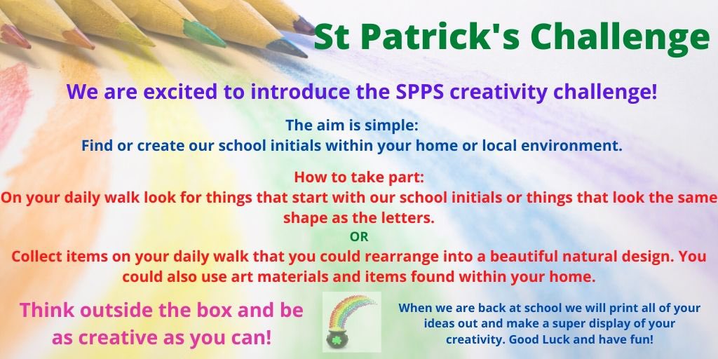 MissD_StP's tweet photo. 🌟Whole School Challenge!🌟 We'd love you to get involved in the SPPS challenge! Create our school initals within your home or on a walk. We'll make a big display when we get back to school! Let your creativity shine through your designs! 💚 Challenge ready? #StPatricksChallenge https://t.co/36oYnv5uxF
