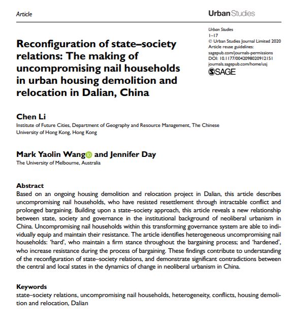 CSCProjectBot's tweet image. New paper from Li et al: 'Reconfiguration of State-Society Relations: The making of uncompromising nail households in #urban #housing demolition and relocation in #Dalian, China'  ow.ly/Eazx50A2Ft7 (@USJ_online)