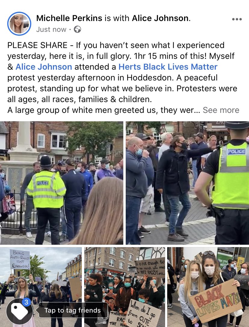 Men chanted racist &amp; sexist things to us at the #blacklivesmatter peaceful protest yesterday in Hoddesdon. Vile human beings. I’m disgusted. My post on Facebook is now public. Please share! #blacklivesmatter #hoddesdon #PeacefulProtests #BLMprotest #blm