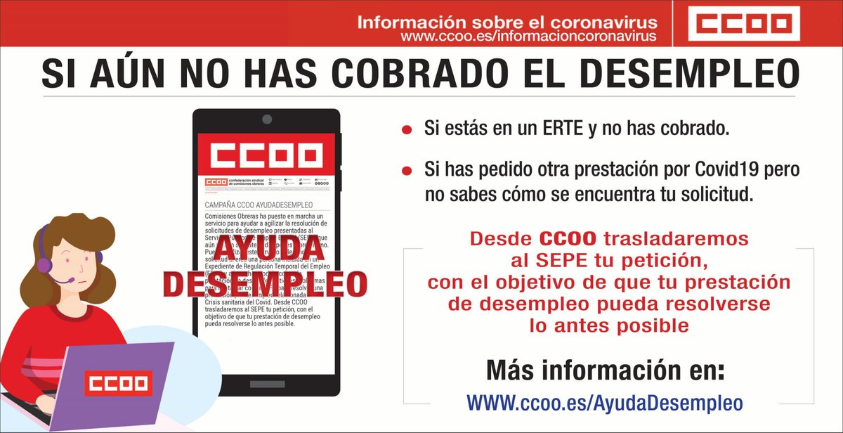 Queremos ayudarte si aún no has cobrado tu ERTE
📭Trasladaremos al SEPE tu petición, con el objetivo de que tu prestación de desempleo pueda resolverse lo antes posible
✍️Descarga tu solicitud, rellena con tus datos y te ayudaremos en la tramitación
👉🏻ccoo.es/AyudaDesempleo: