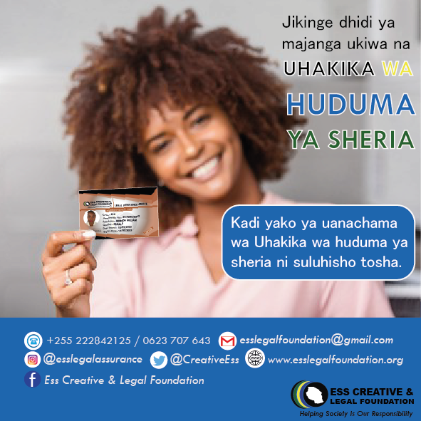 CreativeEss's tweet photo. Tunakupatia Uhakika wa huduma ya sheria kama suluhisho kwako wewe usiye na uwezo wa kumudu gharama za za wanasheria binafsi lakini pia hauna vigezo vya kupata msaada wa kisheria bure. #esslegalassurance #userfriendlyjustice #TanzaniaYetu @IlalaYetu https://t.co/t4JFcYBFDw