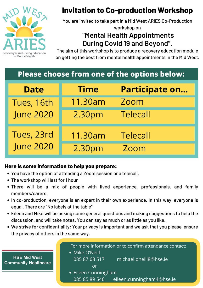 MidWestAries's tweet photo. 1 week to go to our first ever online &amp; telecall co-production sessions! If you have experience of mental health appointments in the Mid West Mental Health Services @CommHealthMW, please join us so that your knowledge &amp; experience can be a part of a new recovery education course! https://t.co/1CT5pddfPR