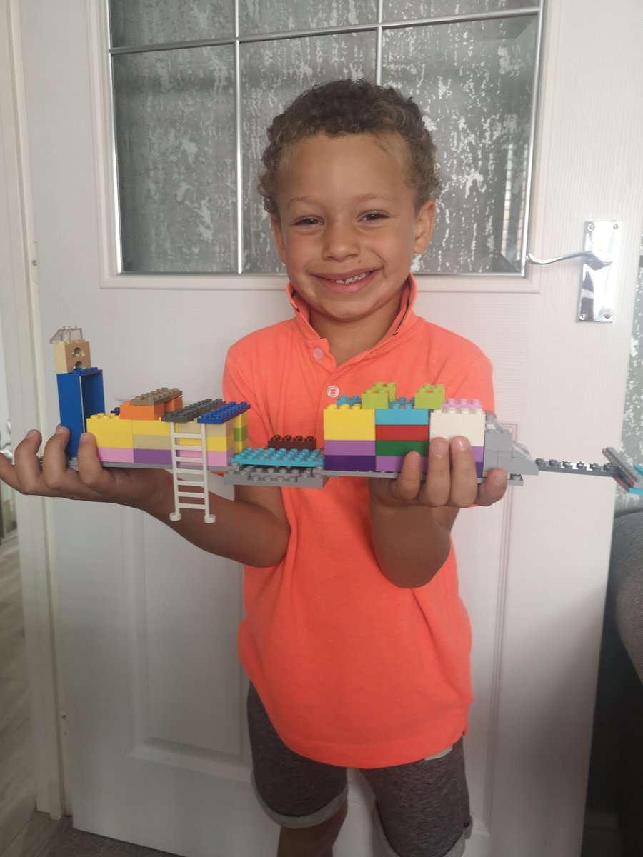 kateyrstephens's tweet photo. @PontybreninR Rueben decided to make a pirate ship out of his Lego this week. He made a plank and put blue pieces at the end for the water. 
Fully embracing the pirate topic this week! Ahoy Mi Heartys ⛵ https://t.co/jYSop2CagM