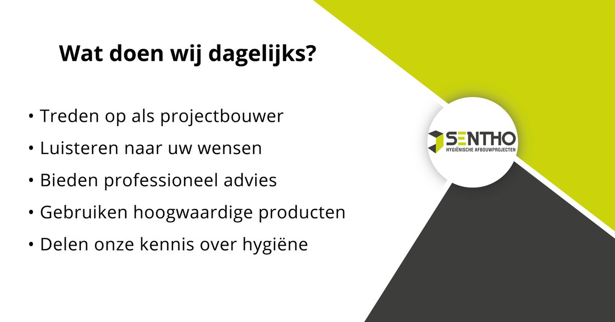 SenthoBV's tweet photo. Wat doen wij dagelijks bij Sentho?

• treden op als projectbouwer in alle branches
• luisteren en kijken naar uw wensen en behoeften
• bieden een professioneel advies
• gebruiken hoogwaardige en vernieuwende producten
• delen onze kennis van voedselverwerkende bedrijven https://t.co/YanSEAuKHU