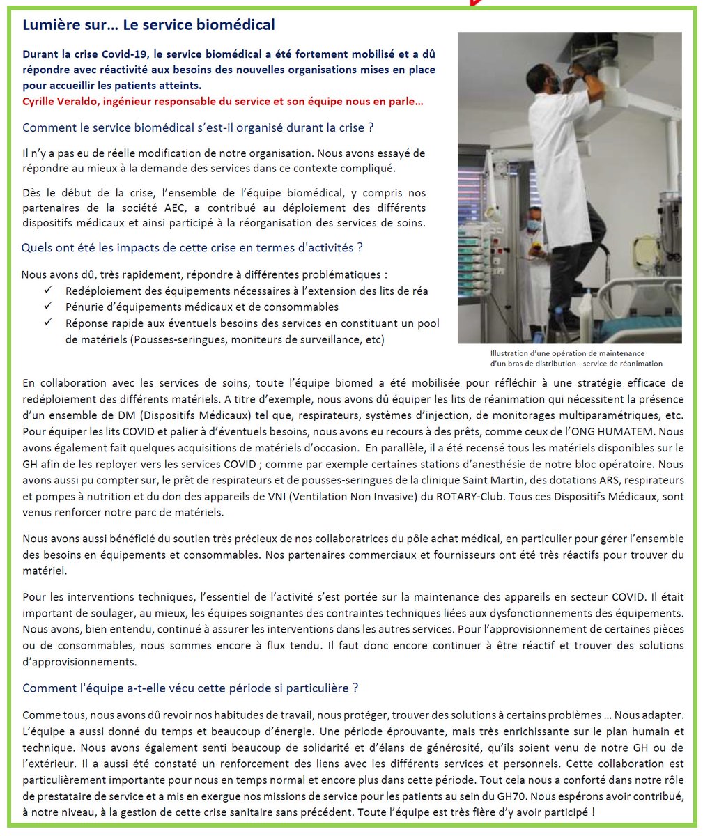 Durant la crise Covid-19, le service biomédical a été fortement mobilisé et a dû répondre avec réactivité aux besoins des nouvelles organisations mises en place pour accueillir les patients. 
#gh70
#biomedical
