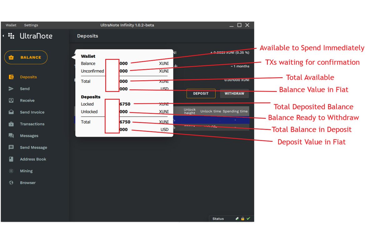 Ultranotecoin's tweet photo. Today in Understanding My 
@Ultranotecoin Wallet; How to Read your $XUNI Wallet Balance.

Click on Balance to check Both your Available &amp; Deposit Balance.

See picture below for Details 

#blockchain Not #BTC
#Privacycoin #privacy
#Privacymoney #Cryptocurrency #Altcoin #Cryptos https://t.co/TNaDzYLlQe