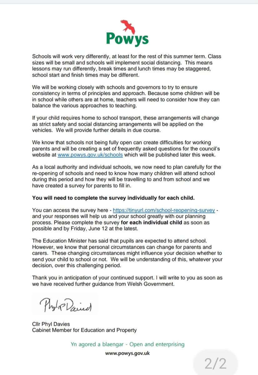Update on the re-opening of schools....