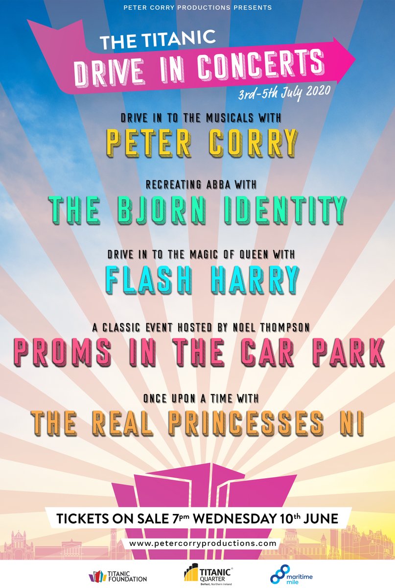 ✨THE TITANIC DRIVE IN CONCERTS✨

Peter Corry Productions are bringing their Drive In Concerts to Belfast on 3rd – 5th July! 

Tickets on sale Wed 10th June @ 7pm via their website.

Stay tuned for more details over the coming days, including show times &amp; prices!

#MaritimeMile