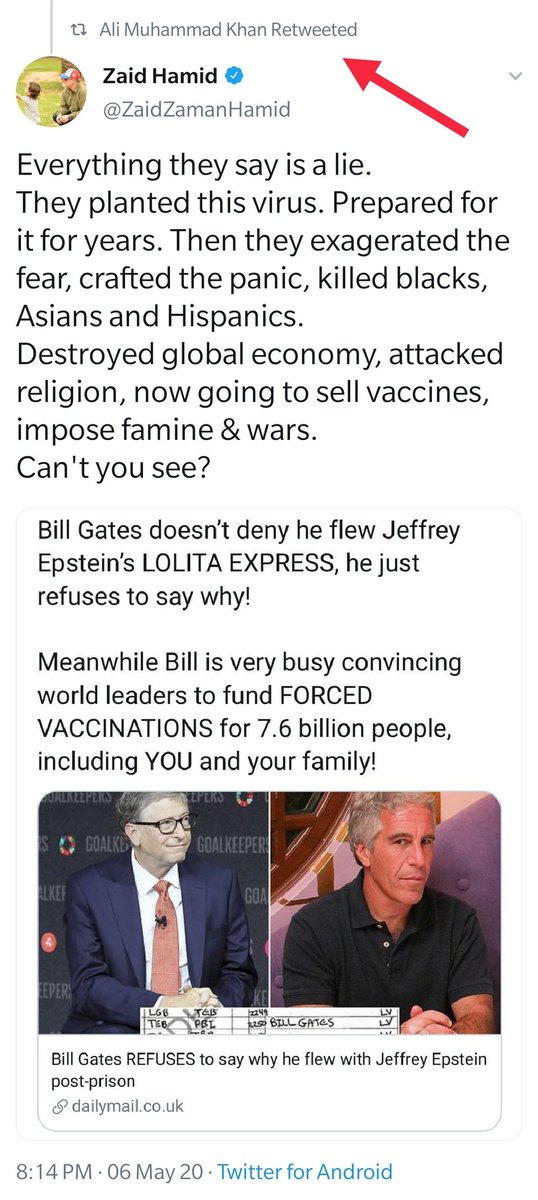 17/ The Federal Minister of State for Parliamentary Affairs  @Ali_MuhammadPTI retweeted this conspiracy-pushing tweet by local crackpot Zaid Hamid, claiming that the US planted the virus and then created the panic to sell vaccines and take over the world(Via  @themanlyduckman)