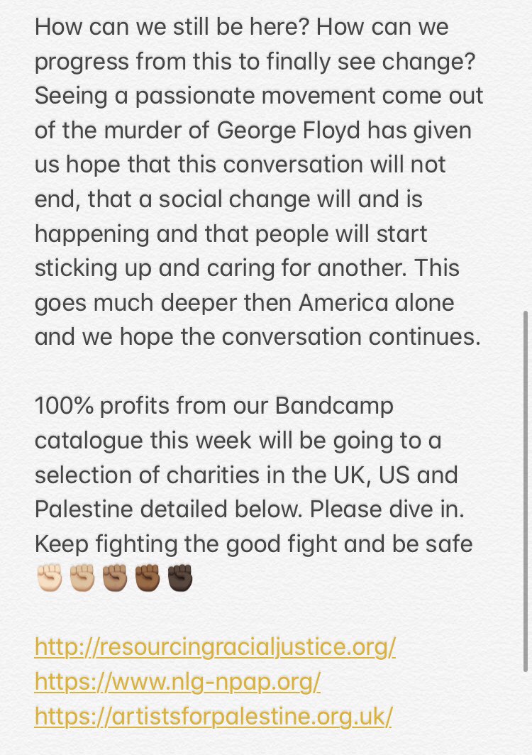 100% profits from our <a href="/Bandcamp/">bandcamp</a> this week going to <a href="/ResourcingRJ/">Resourcing Racial Justice</a> @NPAP_NLG and <a href="/Art4Palestine/">ArtistsForPalestine</a>