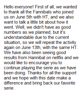 FannibalP's tweet photo. Hi!! this is a little update about what happened with the HT on June 5th. We hope you can join us again!! 

NEW DATE JUNE 13TH!! 

thanks for understanding :) https://t.co/QgfNRatGiU