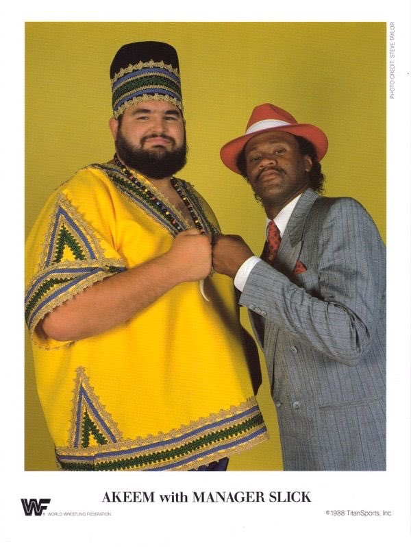 Freight Train Jones’ son worked as Slick, the Doctor of Style, maybe best known for managing the controversial Akeem the African Dream, who was obviously the One Man Gang repackaged as a towering white man dressed in African garb who talked in AAVE.