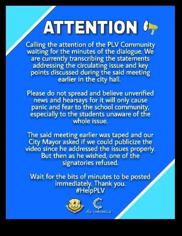 thereseannxoxo's tweet photo. Hindi namin pinalampas ang oportunidad upang malinawan tayo lahat. Ang PLV SSC at PLV Chronicle ay kumikilos para malinawan ka. Ang Pamantasan at ang ating Mayor ay nakinig, gusto mo ba ng buong sagot?
DEMAND TO RELEASE THE VIDEO COVERAGE
Karapatan mo malaman.
#HelpPLV https://t.co/7Om2dHBnhg