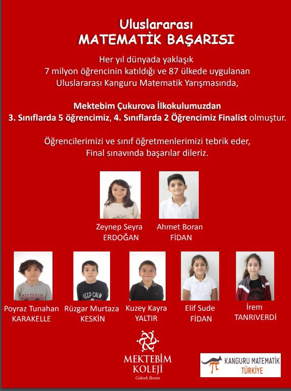 ilkerbdeveci's tweet photo. Her yıl dünyada yaklaşık 7 milyon öğrencinin katıldığı ve 87 ülkede uygulanan Uluslararası Kanguru Matematik Yarışması'nda Mektebim Çukurava İlkokulu 3.sınıflardan 5, 4.sınıflardan 2 öğrencimiz finale kalmıştır👏🏻🧿
#Mektebim #GelecekBenim 
@sozkokk @erdemciplak @BanuGurun https://t.co/6AmBkyGdtX