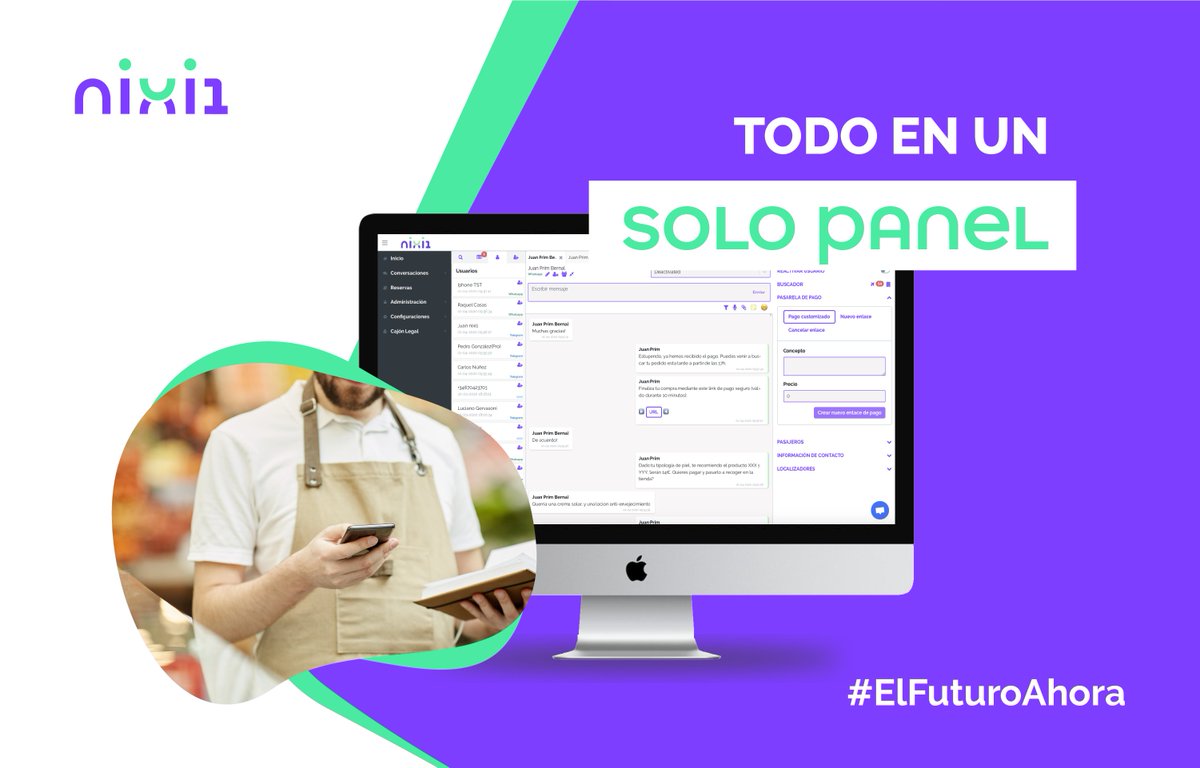 nixi1 es un gestor de clientes conectado a mensajerías como WhatsApp, Telegram, Messenger y SMS. Podrás comunicarte con varios clientes a la vez y gestionar tus cobros y facturas desde un mismo panel de control. Súmate a la digitalización y mejora la organización de tu negocio.