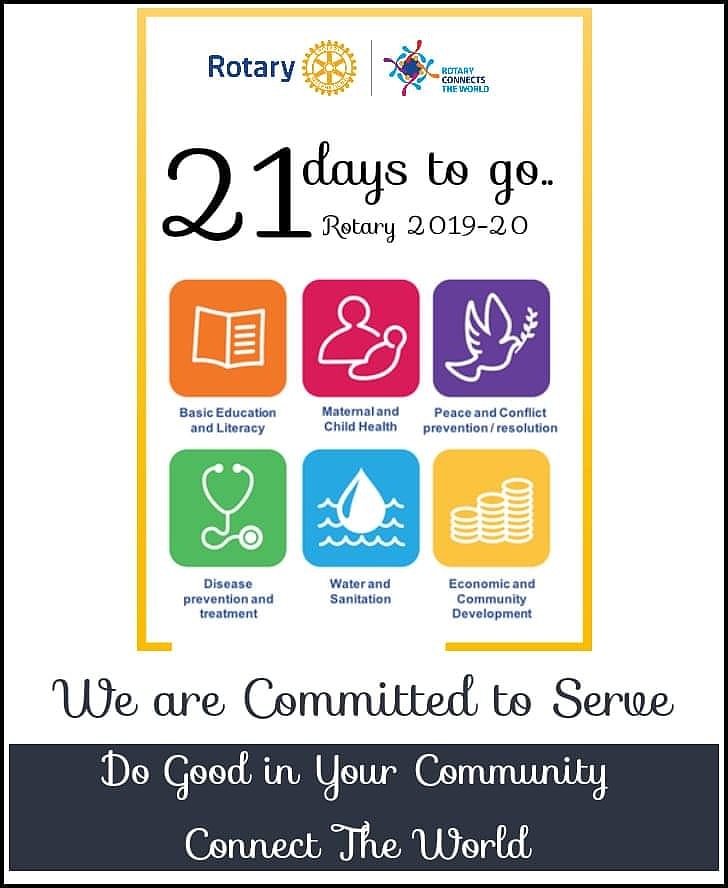 3054Rotary's tweet photo. Countdown Begins ...

21 days to go... 
Rotary 2019-20.

We are committed to Serve. 

Do Good in your Community  
and
Connect The World.

#Rotary #Rotaract #Interact #PeopleofAction #ConnectsTheWorld #Rotary3054 https://t.co/ce4wsFmv3Z