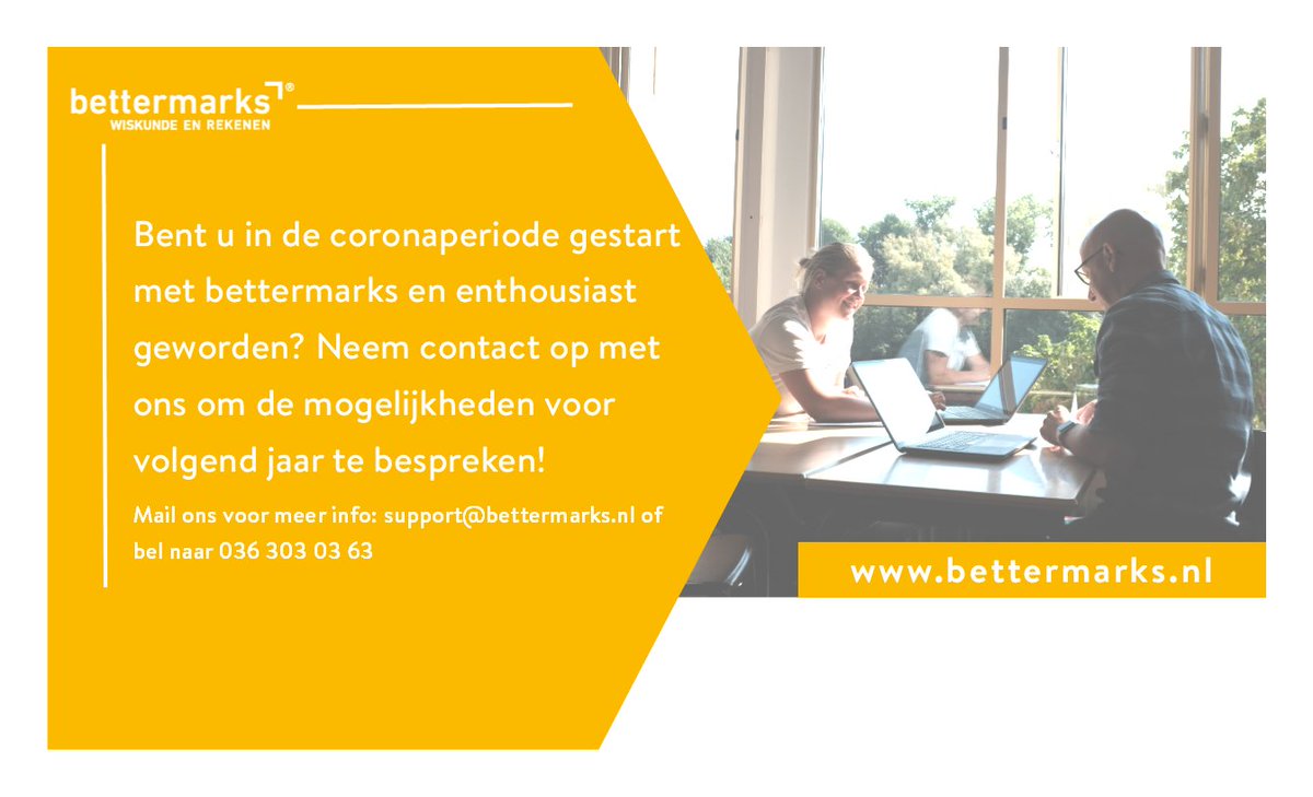 Voor scholen die sinds de corona uitbraak zijn gestart met bettermarks hebben we een persoonlijk aanbod. Mail ons voor meer informatie.

Wilt u ook starten met bettermarks? dat kan gratis tot de zomervakantie! mail ons naar support@bettermarks.nl.