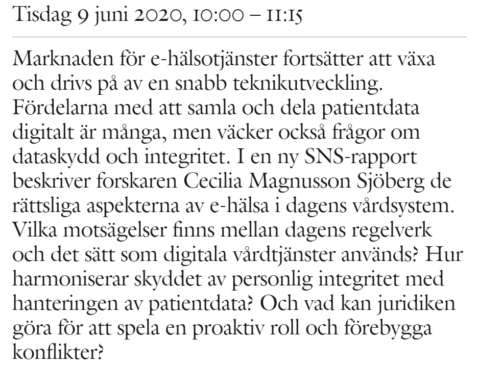 Idag kl 10: webbinariet ” Legala och rättspolitiska utmaningar inom e-hälsa”
Med: @liberaldaniel, <a href="/irding/">Martin Irding</a> <a href="/FRISQAB/">FRISQ</a>, @ErikJanzon <a href="/eHalsan/">E-hälsomyndigheten</a>, <a href="/dagolov/">Dag Larsson</a>, gd Lena Lindgren Schelin @Datainspektion &amp; professor Cecilia Magnusson Sjöberg <a href="/Stockholms_univ/">Stockholms universitet</a>.
#snskunskap
sns.se/artiklar/legal…