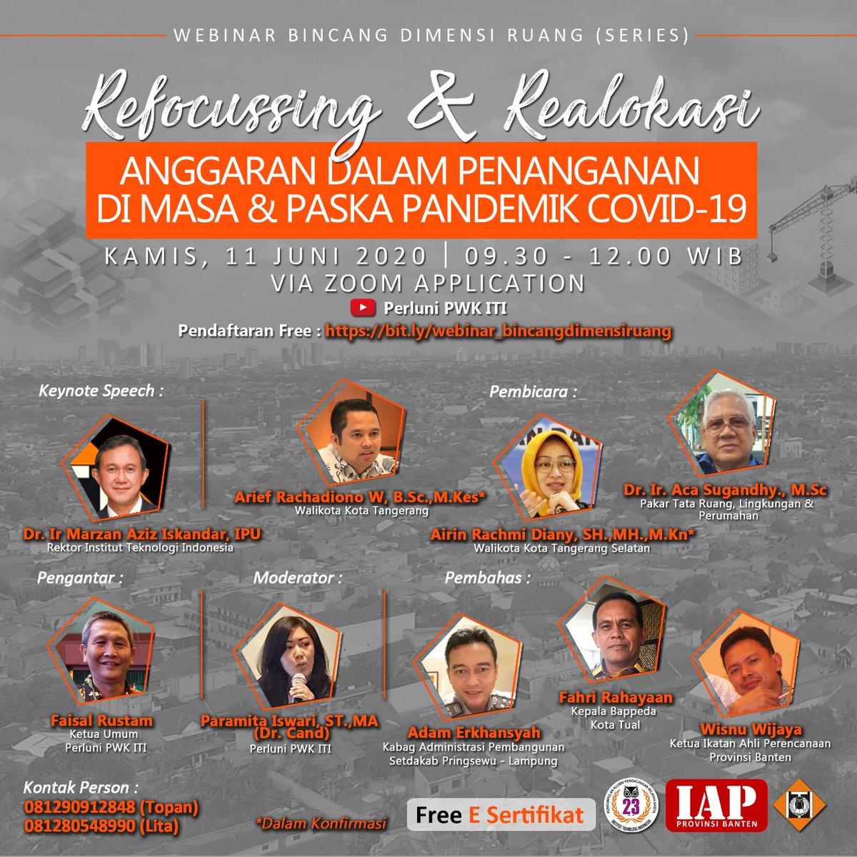 WEBINAR BINCANG DIMENSI RUANG (SERIES)

Dear Rekan-Rekan….

Pandemik Covid-19 secara langsung telah melemahkan sendi-sendi perekonomian baik global maupun nasional, Saat ini Pemerintah Indonesia telah menetapkan prioritas utama.
Live on zoom meeting.
bit.ly/webinar_bincan…