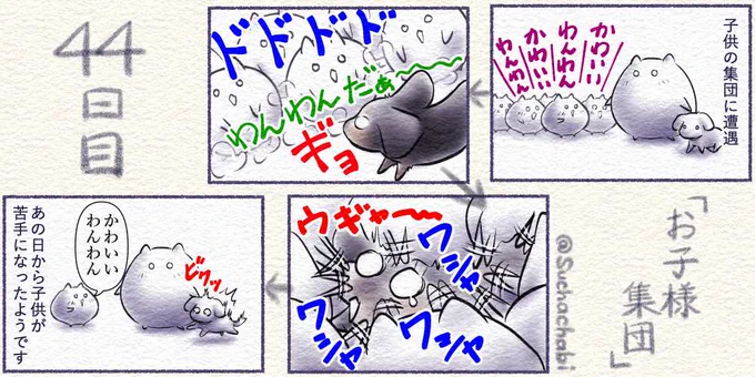 44日目 うちのわんことの思い出 ーお子様集団ー
#4コママンガ  #4コマ漫画  #線を紡ぐ者 #落書向上委員会 #イラスト王国 #わんこ 