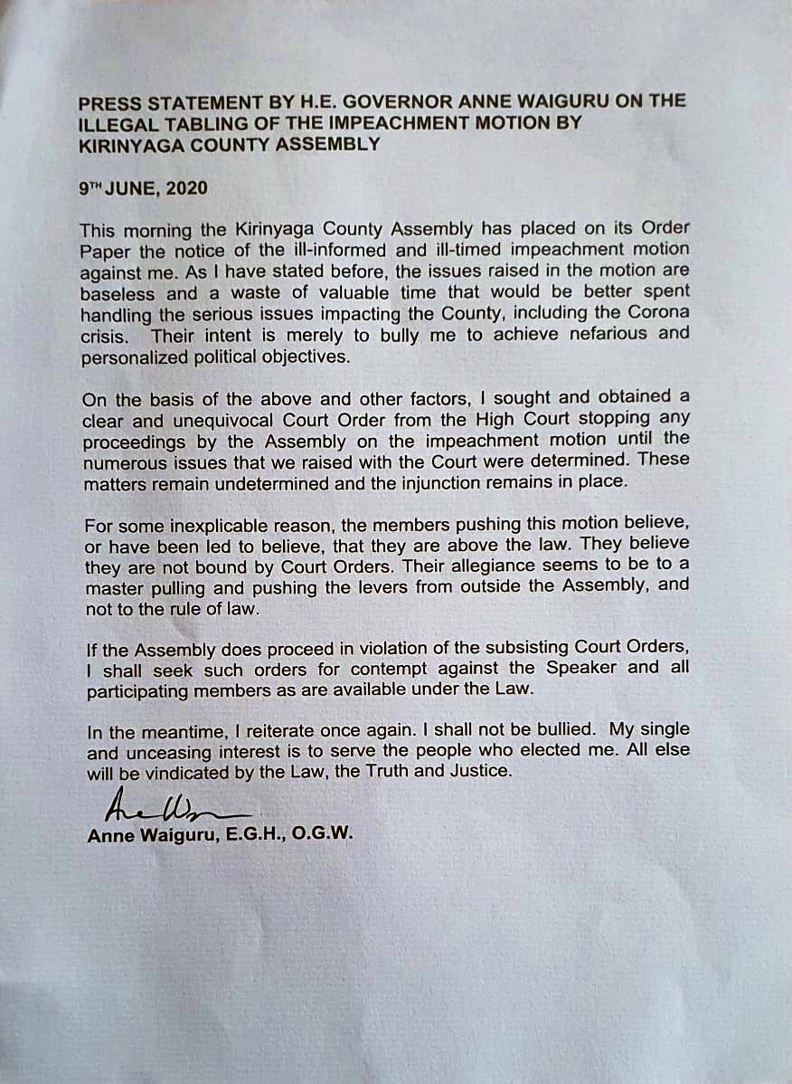 Anne Waiguru Press Statement On The Illegal Tabling Of The Impeachment Motion By Kirinyaga County Assembly 9th June