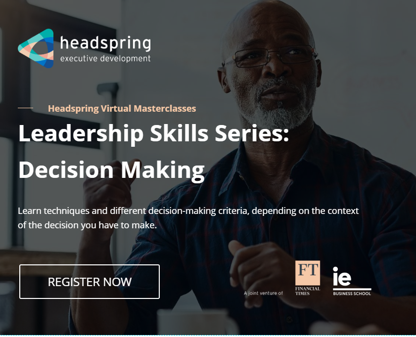 goheadspring's tweet photo. This week we invite @Adam_Kingl back to our Leadership Skills Virtual Masterclass series. Learn the keys to effective decision making, including when and how to use data vs. instinct, the impact of team dynamics, and the habits of great decision makers https://t.co/luHIwiIv6M https://t.co/todXxLga2F