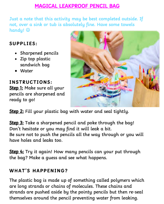 IctNewark's tweet photo. 🌈Good Morning everyone!🌈

Today's STEAM challenge is: MAGICAL LEAKPROOF PENCIL BAG!✏️

Follow the instructions below to try it out for yourself...

Prepare to possibly get wet! Have some towels handy. But most of all have fun!😀🌊 https://t.co/ywQIvdcUJi