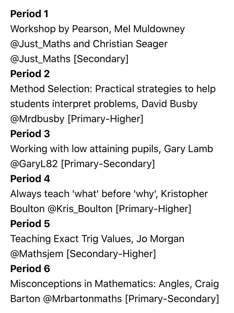 deltatrustmaths's tweet photo. A number of our #deltaacademies staff will be attending the brilliant #Mathsconf23 run by @LaSalleEd in a couple of weeks. Here’s my workshop choices, what are yours? #CPD #mathschat #everydayisalearningday https://t.co/tHCMu20VAO
