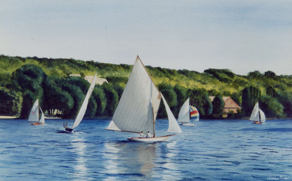 C_V_Paris's tweet photo. Aile sur la Seine, devant le #CVP sur le #BassinMeulan. Aquarelle 80x100 cm par Philippe Conrad. https://t.co/9GYhcf0mSO