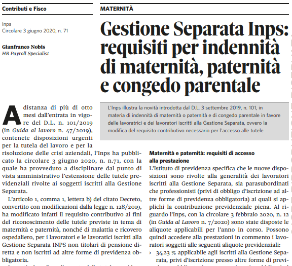 Gestione Separata INPS:  cambiano le regole per l'indennizzo dell'indennità di maternità e del congedo parentale. Commento alla circolare INPS n.71/2020 pubblicato su Guida al lavoro n.25 del Il Sole 24 Ore.
@GuidaalLavoro 
#contributi
guidaallavorodigital.ilsole24ore.com/art/contributi…