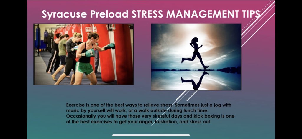 <a href="/PreloadChsp/">Syracuse Preload CHSP Committee</a>  pushing some stress management this week. focusing on people exercising as a way to burn undue stress <a href="/safetyfirstNED/">Northeast District Safety</a> <a href="/safetylakeshore/">Lakeshore Division Safety24x7</a> <a href="/jenkowalik_/">Jennifer Kowalik</a> #NEDreducestress