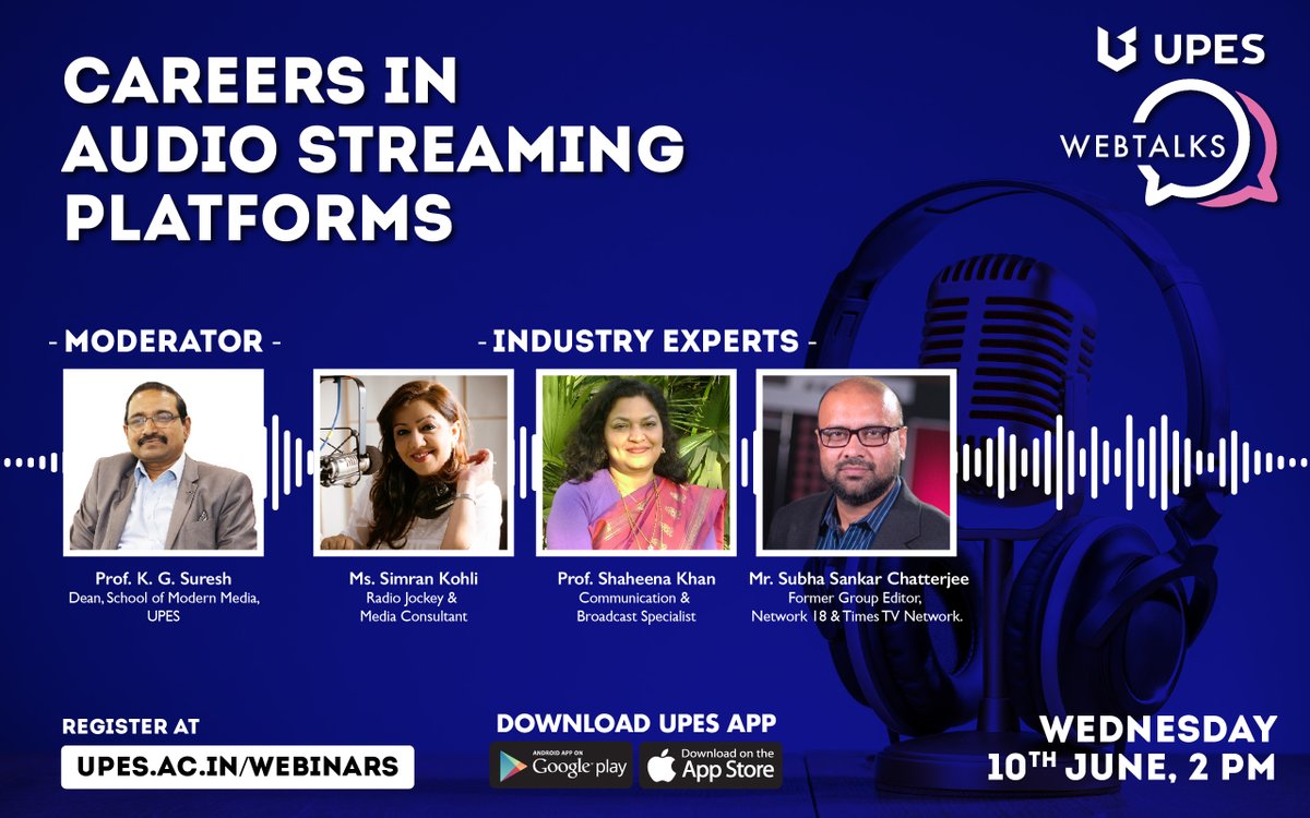 UPESDehradun's tweet photo. @RJ_Simran, Prof. Shaheena Khan, Communication & Broadcast Specialist, Mr. Subha Sankar Chatterjee, Former Group Editor, Network 18 & Times TV Network, and @kg_suresh would be discussing the career prospects in the audio streaming space #UPESWebTalks
https://t.co/Yj9a5uDoKZ https://t.co/v4UQDs42cw