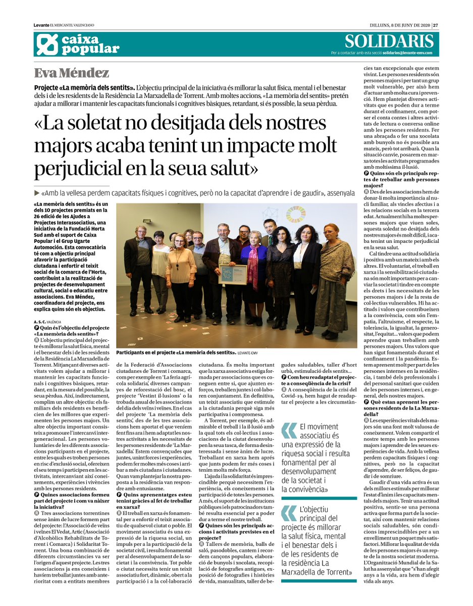 fhortasud's tweet photo. ⭐️👵 #Entrevista | Hui és el torn de 'La memòria del sentits', un projecte que persegueix #millorar la salut física, mental i el benestar de les persones residents de la #Residència 'La Marxadella' de #Torrent. 👏☺️

🗞 L'entrevista al @levante_emv: https://t.co/diuz9Nj9ul https://t.co/m1T1CLk4pu
